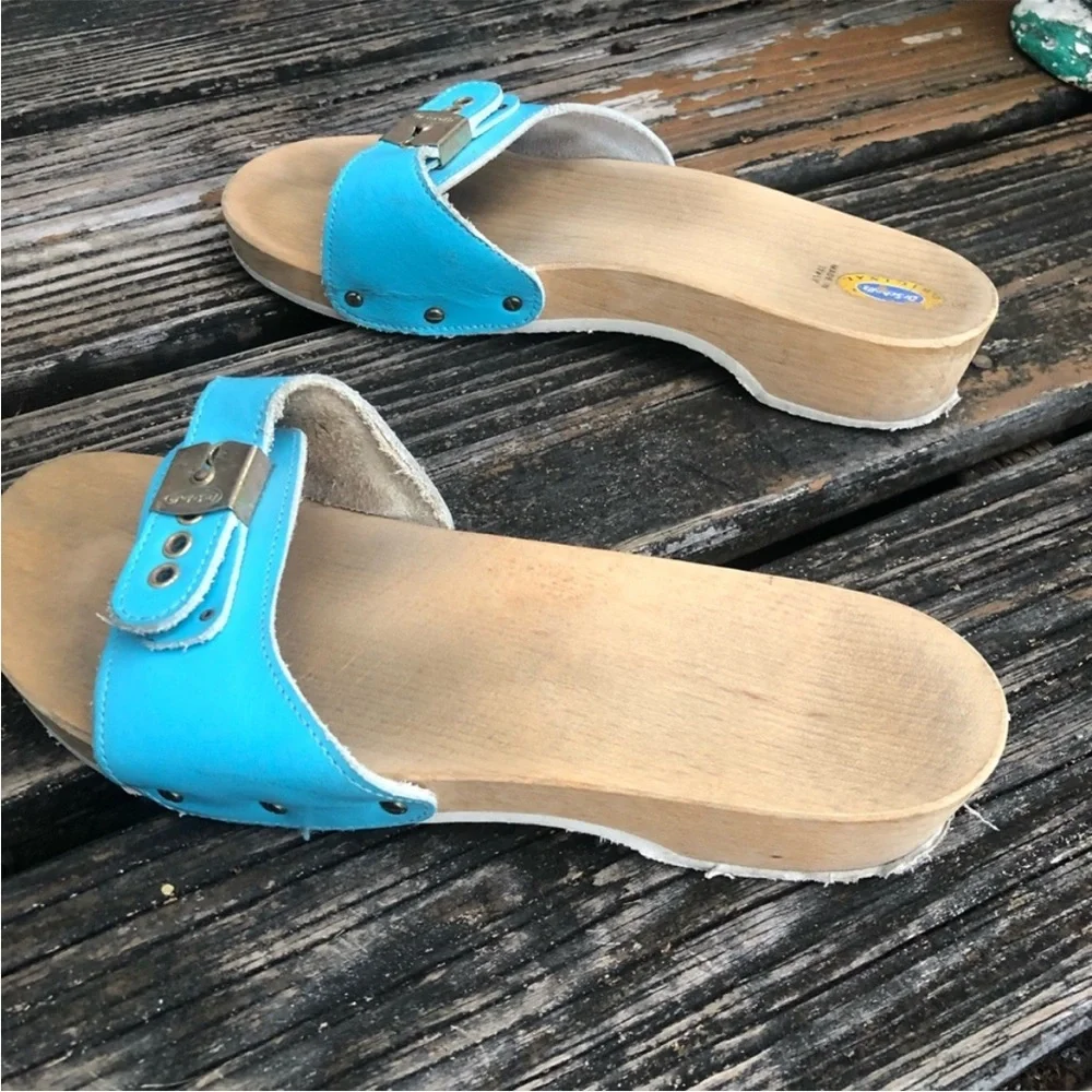 Dr Scholls Aqua Blue Wood Leather Exercise Sandals Sz 8 Slip On Vintage 70s 80s